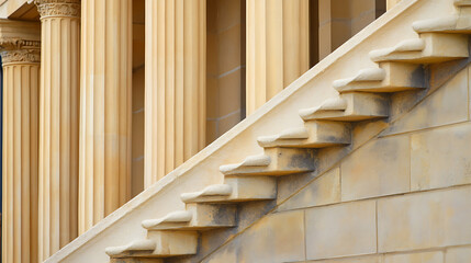 Captured in soft light, a stone staircase ascends adjacent to classic columns. The interplay of shadows on stone creates an inviting depth, highlighting architecture.