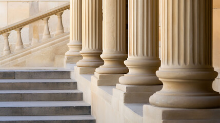Elegant stone architecture featuring a series of stately columns, a grand staircase, and a decorative railing, bathed in soft, natural light showcasing symmetry and timeless design.