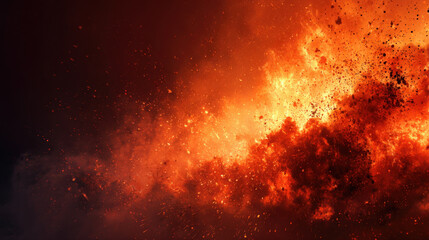 Dramatic Abstract Fire Explosion Background with Glowing Orange Flames and Flying Burning Spark Particles on Dark Backdrop, Intense Heat Energy Texture for Cinematic Action and Volcanic Power Design