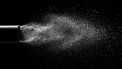 Fine mist dispersing from a cylindrical object against a dark background