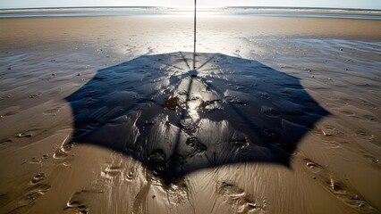 Open umbrella casting dramatic long shadow on wet sandy beach with backlighting
