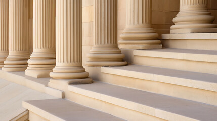 Architectural grandeur unfolds with classical columns and inviting steps, where timeless elegance meets structural solidity in a dance of light and form. Stone.