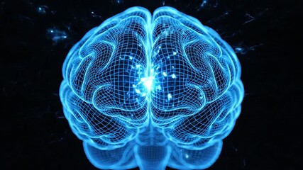 A mesmerizing digital representation of the human brain rendered as a glowing blue wireframe model symbolizing advanced artificial intelligence deep learning and complex neural networks in a futurist. - Powered by Adobe