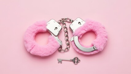 Fluffy pink handcuffs and ornate key lie on a soft pink background