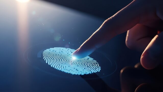 Finger pressing glowing digital fingerprint scan for authentication - Powered by Adobe
