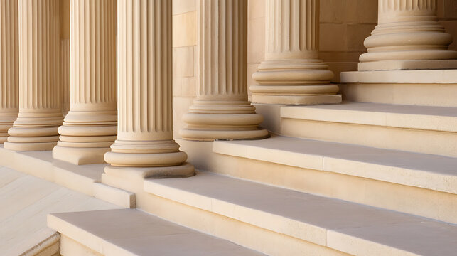 Architectural grandeur unfolds with classical columns and inviting steps, where timeless elegance meets structural solidity in a dance of light and form. Stone.