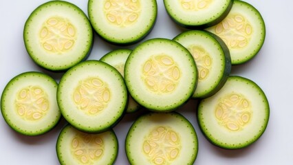 Fresh cucumber slices arranged on a clean surface