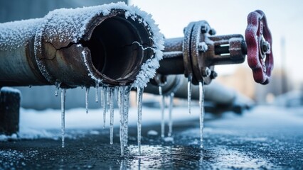 Frozen, cracked pipeline with icicles and red valve in cold