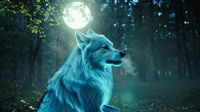 Midnight Azure Wolf Howling in a Dense Forest Under a Foggy Sky