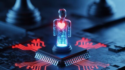 Futuristic digital human figure with glowing heart on circuit board