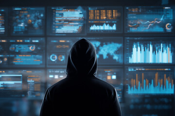 A man is looking at a computer screen with many graphs and numbers