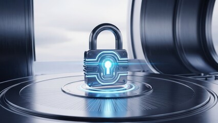 Futuristic metallic padlock on illuminated circular platform