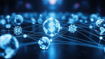 Global digital network connecting abstract spheres with currency symbols