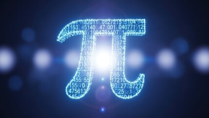 Glowing abstract symbol of pi formed by scattered digital numbers
