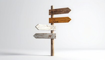 Wooden directional signpost with four weathered planks pointing in different directions against a clean white background with subtle lighting