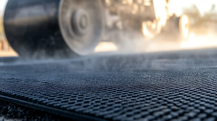 Asphalt paving in progress with a road roller compacting freshly laid asphalt, creating a smooth surface. Heavy machinery ensures even road construction.