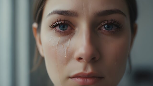 Extreme close up portrait of a young woman with intense blue eyes showing visible streaks of tears running down her pale cheek in dramatic light