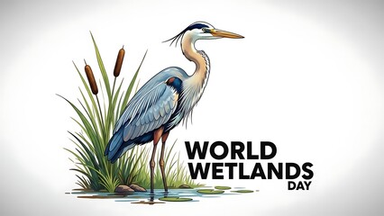 World wetlands day illustration featuring a majestic heron amidst aquatic plants