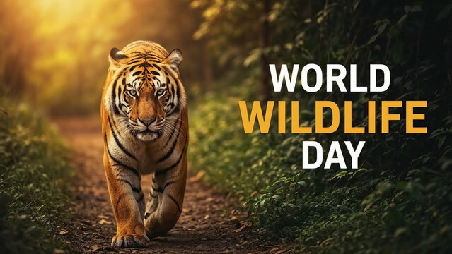 Majestic tiger walks through lush forest path, symbolizing global conservation efforts for World Wildlife Day. Wild animal in natural habitat. - Powered by Adobe