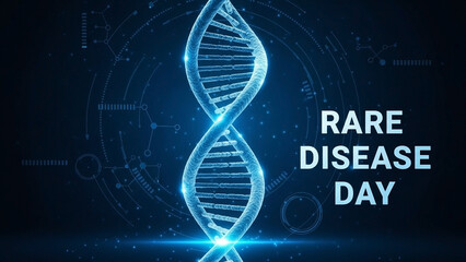 Glowing DNA helix illustration for Rare Disease Day awareness. Digital representation of genetic code, medical research highlights annual Rare Disease Day. Concept promoting health education.
