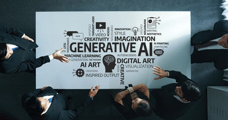 A professional team collaborates on generative AI concepts and digital art, showcasing creativity and innovation in a modern office environment, fostering teamwork and inspiration. Amity