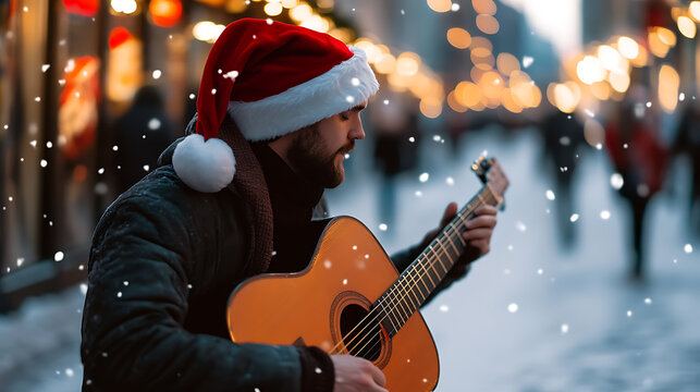A musician in a Santa hat, strumming a guitar in a snowy scene, spreading festive cheer. The background twinkles with warm lights, adding to the holiday magic. - Powered by Adobe