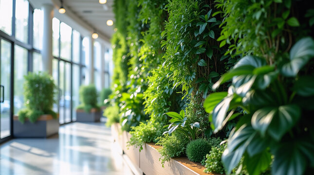 Vertical green wall in a modern office building lobby. Bright interior with natural light and blurred background for copy space. Biophilic design and sustainable concept..