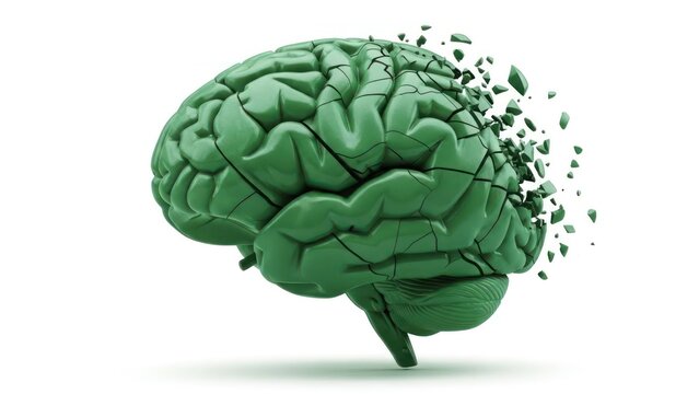 Green brain exploding into pieces, symbolizing shattered thoughts