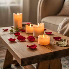 Cozy living room candles and rose petals