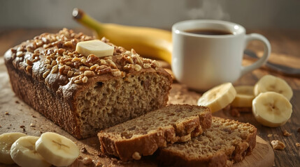 Fresh homemade banana bread close-up on the table.