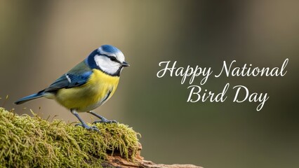 Blue Tit perched on mossy log in forest