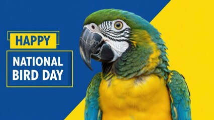 Vibrant parrot celebrating Happy National Bird Day on colorful background