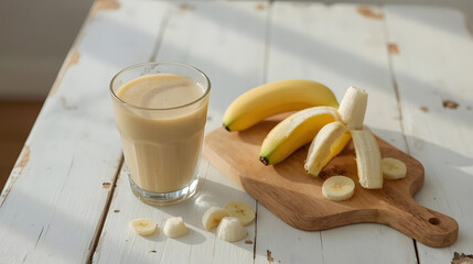 Fresh homemade banana smoothie, cutting board and bananas on white rustic wood

