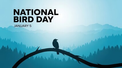 National Bird Day with a bird perched on a branch against a blue mountainous landscape