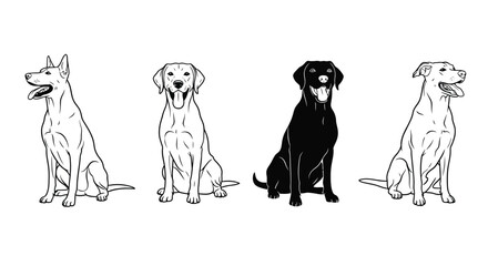 Obraz premium Four different dog breeds illustrated in a simple black and white line drawing
