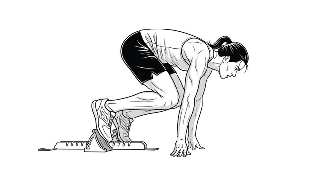 Runner in starting blocks preparing for a sprint athletic pose illustration