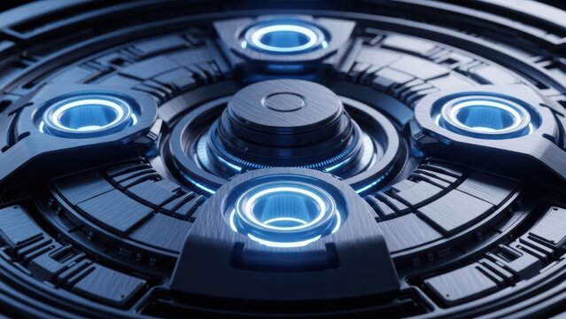 Intricate metallic circular mechanism with glowing blue energy conduits