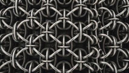 Fototapeta premium Intricate metallic weave, interlocking rings forming a textured, dark pattern