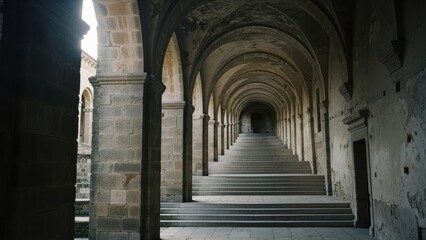 Long stone cloister hallway with arched columns leading to distant archway