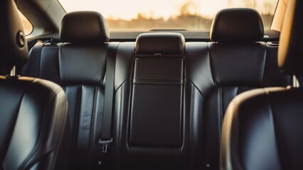 Obraz premium Luxurious car interior with leather seats and sunset glow