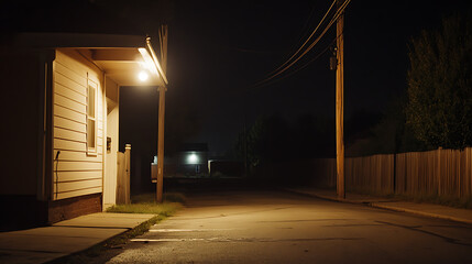 Night scene showing a street and a sidewalk next to a building with a light, with the dark tones highlighting the urban tranquility and the mystery of the dark corners of a neighborhood.