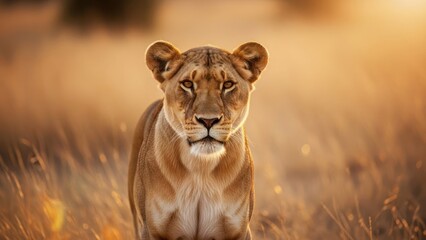 Fototapeta premium Majestic lioness emerges from sun-drenched golden grasses, intense gaze