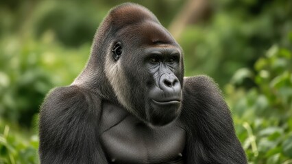 Obraz premium Majestic gorilla's powerful gaze amidst lush green foliage