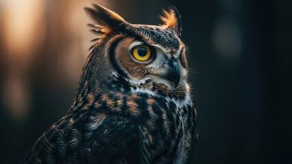 Obraz premium Majestic owl with piercing yellow eyes gazes intensely into the distance
