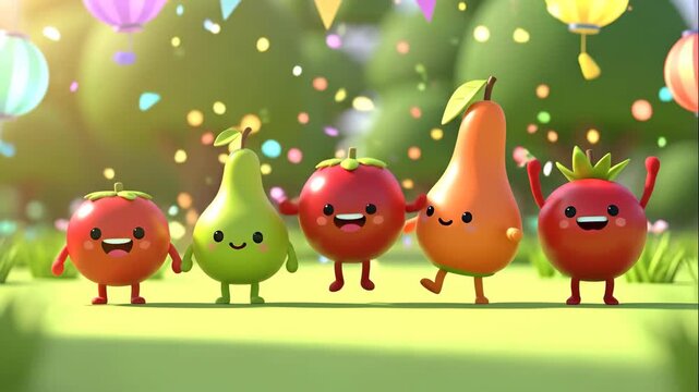 Cheerful anthropomorphic fruits are celebrating happily with colorful confetti and banners in a bright 3d cartoon style sunny outdoor park setting.