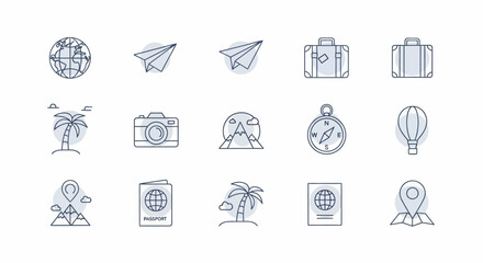 Collection of travel and vacation themed line icons. © Heruu