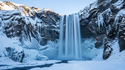 Majestic waterfall plunges into icy pool amid snow-dusted cliffs and frozen icicles