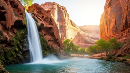 Majestic waterfall cascades into turquoise pool amidst sunlit desert canyon