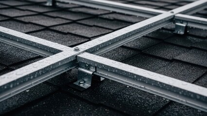 Metal racking on a dark, wet shingled roof