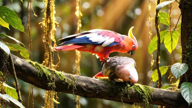 Two colorful parrots perched on a mossy jungle branch